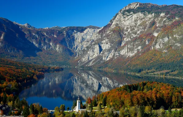 Forest, mountains, lake, town, Slovenia, Bohinj Lake