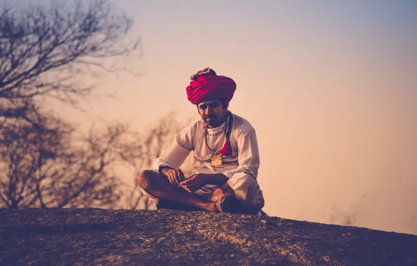 Trees, branches, sunrise, people, hat, necklace, meditation, rock