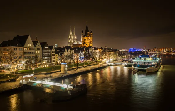 Night, lights, river, Cologne, Rhine, Germania