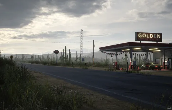 Station, highway, cacti, Desert Gas Station, Golden Gasoline