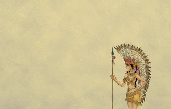 Girl, yellow, minimalism, feathers, spear, Indian