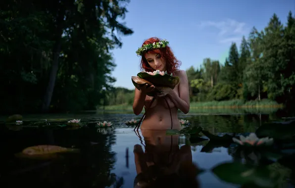 Forest, girl, lake, pond, Lily, red, wreath, nymph