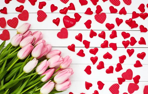 Love, flowers, bouquet, hearts, tulips, love, pink, wood