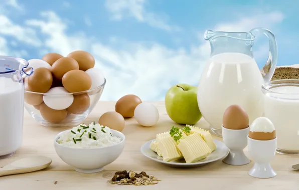 Picture greens, Apple, eggs, cheese, milk, bread, knife, pitcher