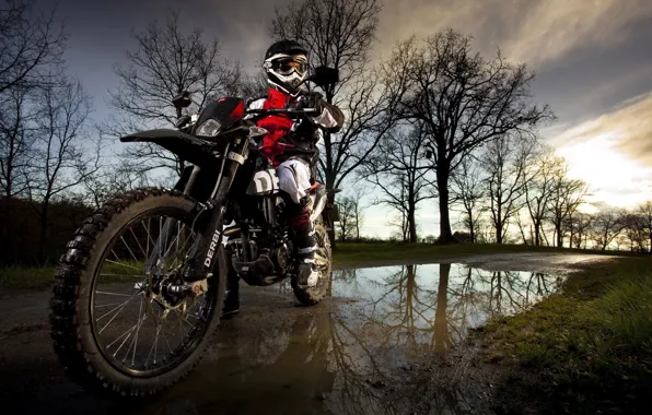 Road, nature, puddle, motorcycle