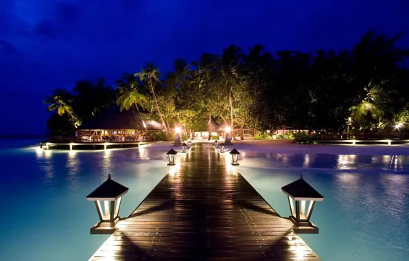 Bridge, palm trees, the ocean, the evening, pier, The Maldives, resort