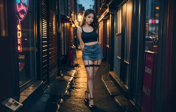 Picture Asian, long hair, neon, women, digital art, standing, looking at viewer, alleyway