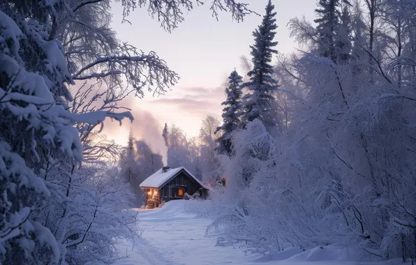 Winter, snow, trees, nature, house