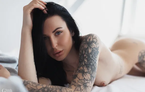 Chest, look, girl, face, pose, hands, brunette, tattoo