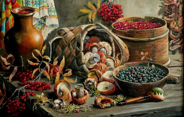 Picture berries, mushrooms, art, still life, Andrey Lyakh