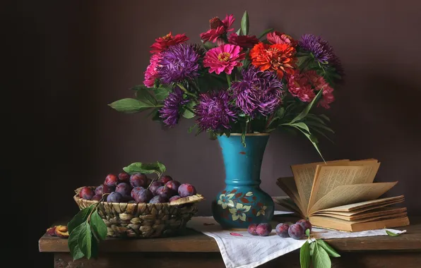 Bouquet, book, vase, plum, asters, zinnia