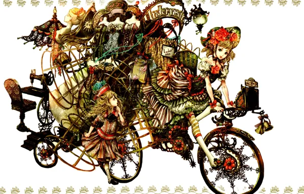 Girls, sundries, ruffles, corsets, sewing machine, crinoline, Kapor, on the bike