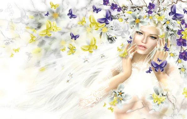 Girl, butterfly, flowers, hair, spring, blonde, wreath