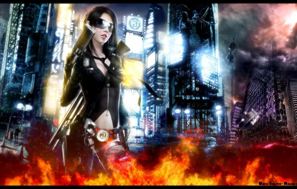 Girl, the city, weapons, fire