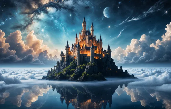 Clouds, night, castle, planet, fantasy, pond, AI art, neural network