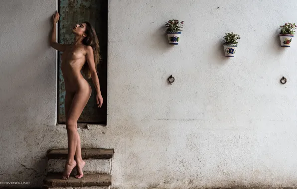 Chest, pose, house, wall, model, naked, plants, makeup