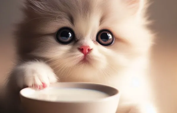 Cat, white, eyes, look, kitty, portrait, baby, bowl