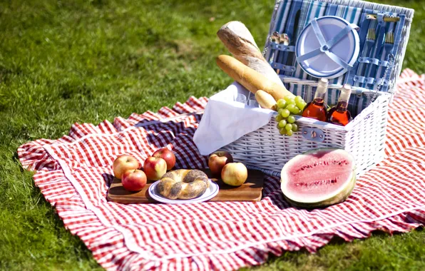 Picture wine, apples, food, watermelon, bread, grapes, fruit, picnic
