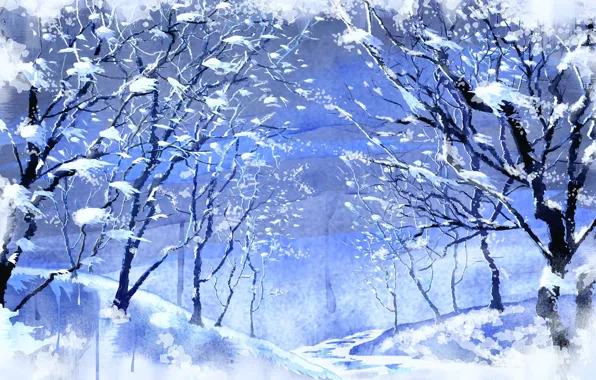 Winter, snow, trees, figure