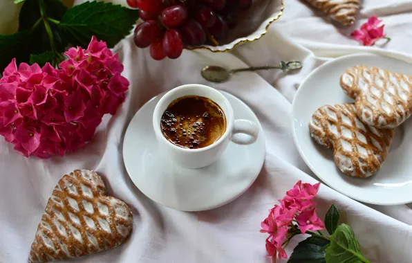 Flowers, table, coffee, cookies, plate, grapes, spoon, Cup