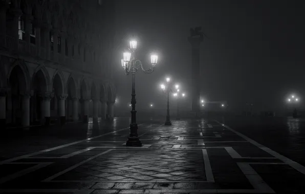 Night, the city, fog, lights, Italy, Venice, black and white, Italy