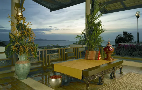The sky, landscape, mountains, table, Asia, veranda