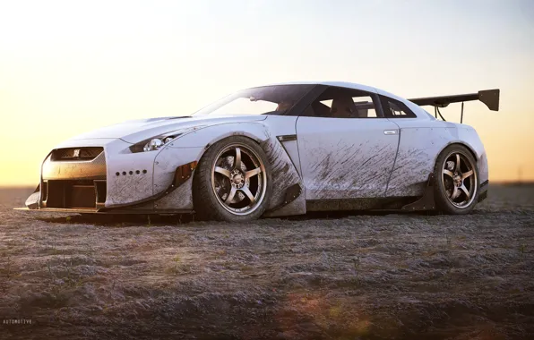 Auto, White, Machine, Dirt, Car, Rendering, Nissan GT-R, Transport & Vehicles