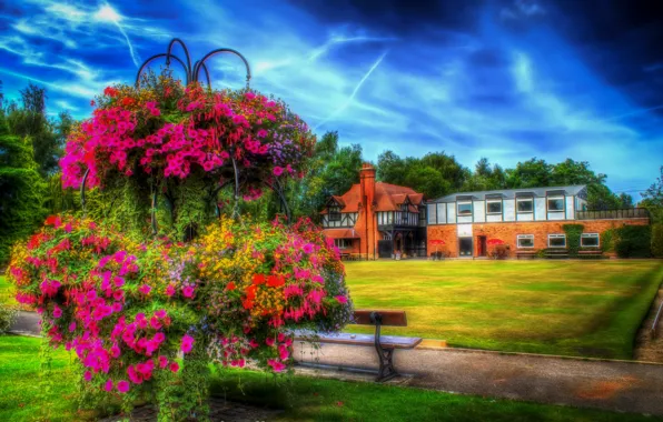 Grass, trees, flowers, bench, house, lawn, England, HDR