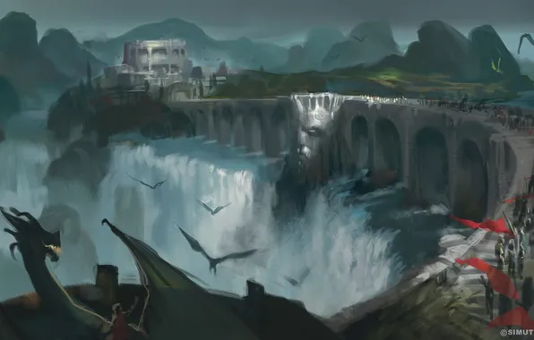 Bridge, river, castle, waterfall, dragons, art, bad weather, warriors