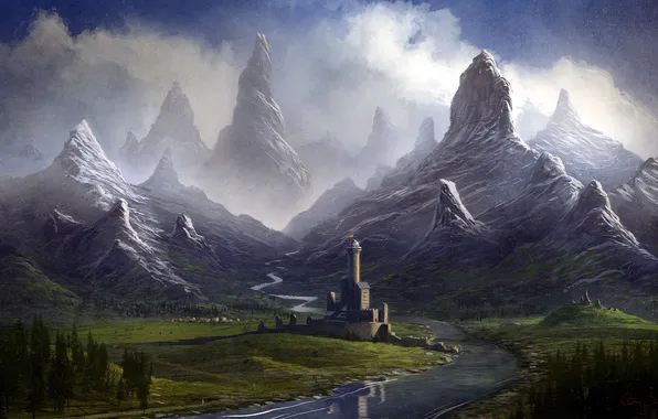 Picture landscape, mountains, river, castle, art, fortress