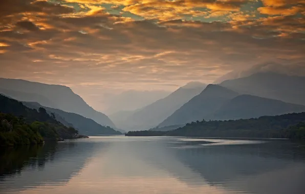 The sky, clouds, trees, sunset, mountains, lake