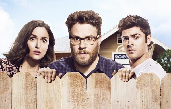 The fence, glasses, face, poster, Zac Efron, Zac Efron, Comedy, Rose Byrne