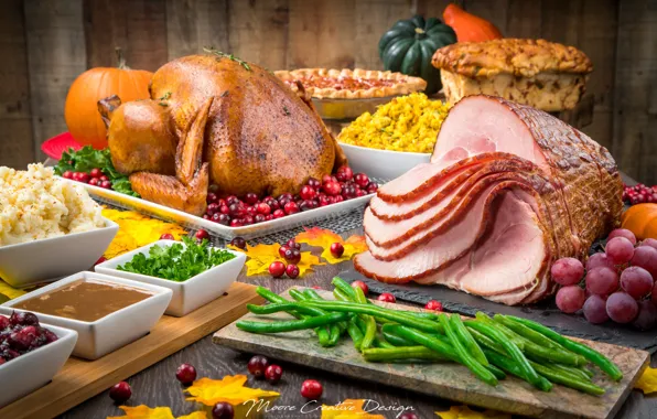 Pie, grapes, meat, sauce, meals, Turkey, treat, ham