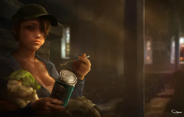 Picture cat, girl, sitting, eating, Bean Break, Dayz, canned