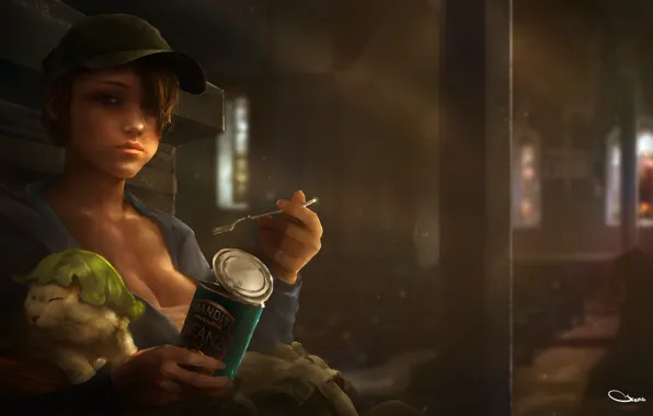 Cat, girl, sitting, eating, Bean Break, Dayz, canned