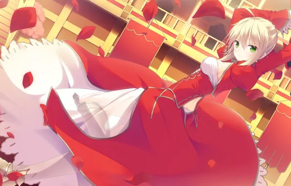Girl, anime, art, red dress, the saber, servant, fate extra