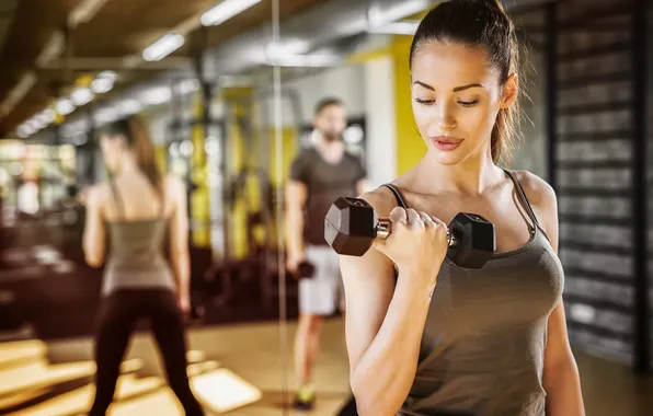 Figure, fitness, two, figure, hair, pose, dumbbells, workout