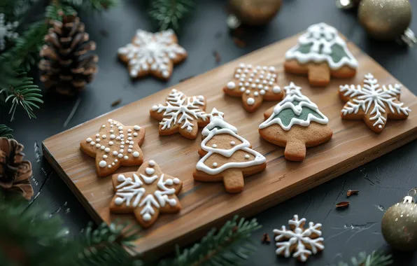 Snowflakes, branches, cookies, Christmas, New year, needles, bumps, glaze