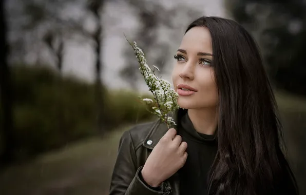 Sprig, rain, overcast, portrait, makeup, brunette, jacket, hairstyle