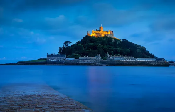 Lights, castle, England, Cornwall, St Michael's mount, Mounts Bay