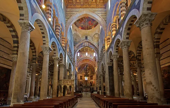 Italy, columns, Pisa, religion, bench, Tuscany, Cathedral, the nave