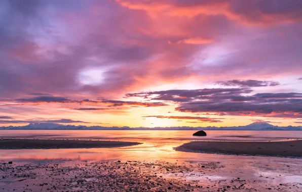 Picture sunset, mountains, stones, shore, the evening, pond, sunset sky