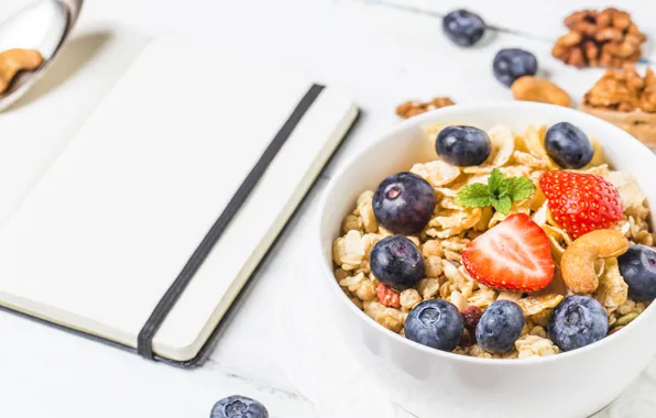 Picture berries, Breakfast, blueberries, strawberry, nuts, muesli