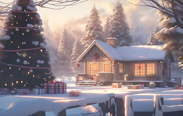 Winter, snow, lights, New Year, frost, Christmas, hut, rustic