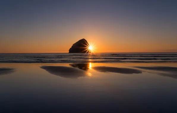 Sea, the sky, the sun, sunset, rock, shore, tide, Oregon
