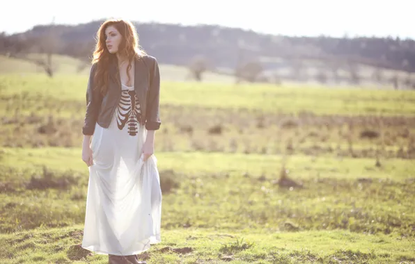 Girl, grass, dress, field, nature, woman, model, redhead