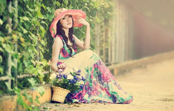 Picture girl, street, basket, hat, dress, Asian