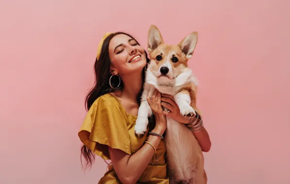 Girl, dog, friends, Corgi
