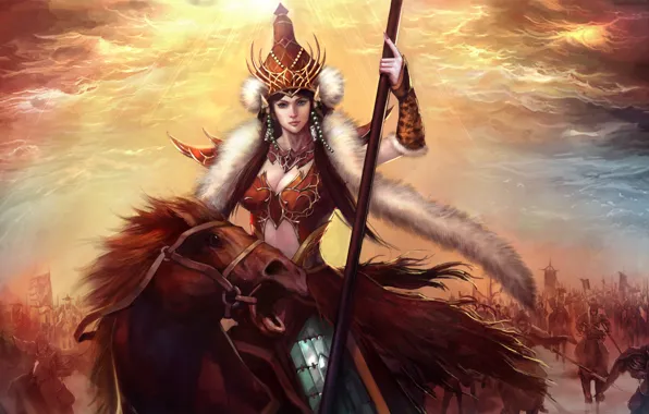 Picture Girl, armor, spear, warrior, riders, the rays of the sun, fur, army