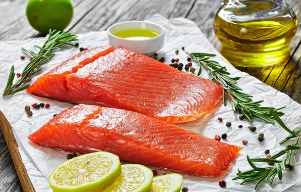 Lemon, food, fish, lemon, spices, rosemary, olive oil, steak